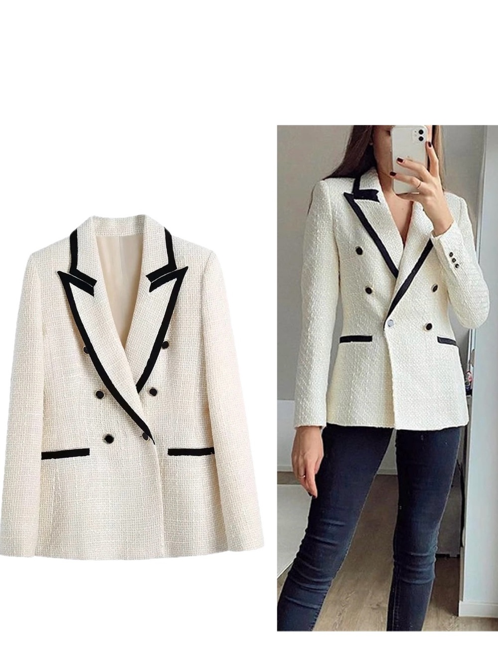 ZARA Ivory White Tweed Double Breasted Blazer Black Trim  Size US S